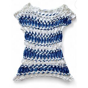 Sioni Studios Crochet Coverup Open Knit Mini Dress Blue White Boho Beach L/XL
